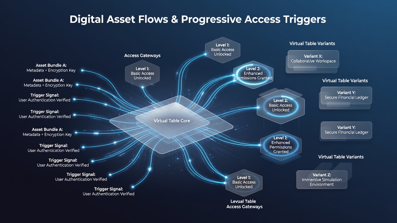 Blockchain analytics dashboard displaying progressive access levels linked to digital asset flow patterns in virtual tables