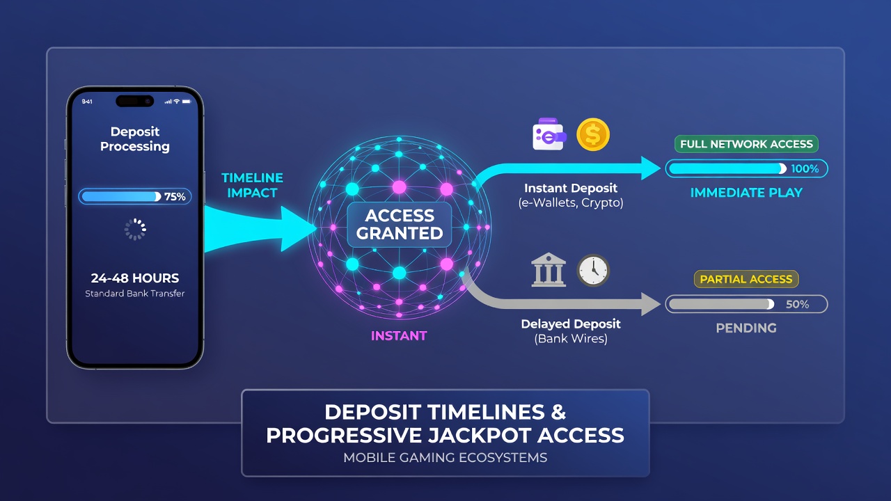 Network diagram showing how deposit confirmation times connect mobile devices to shared progressive jackpot servers across regions