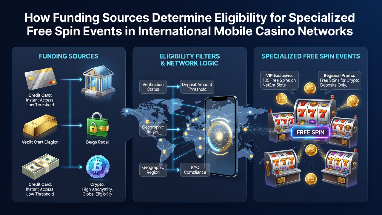 Mobile casino interface displaying funding options and free spin eligibility indicators across international networks