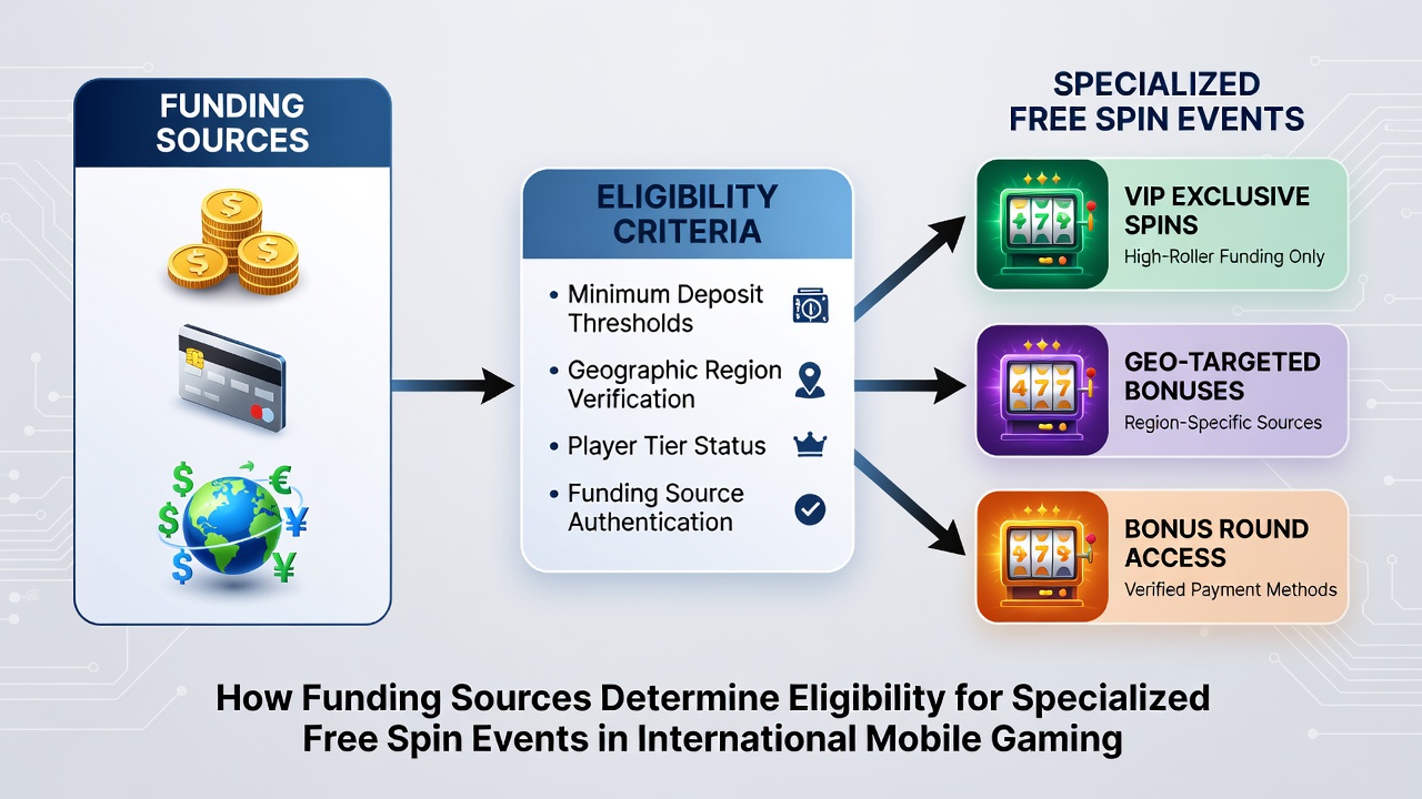 Network diagram illustrating funding source verification flows leading to specialized free spin events in mobile casino platforms