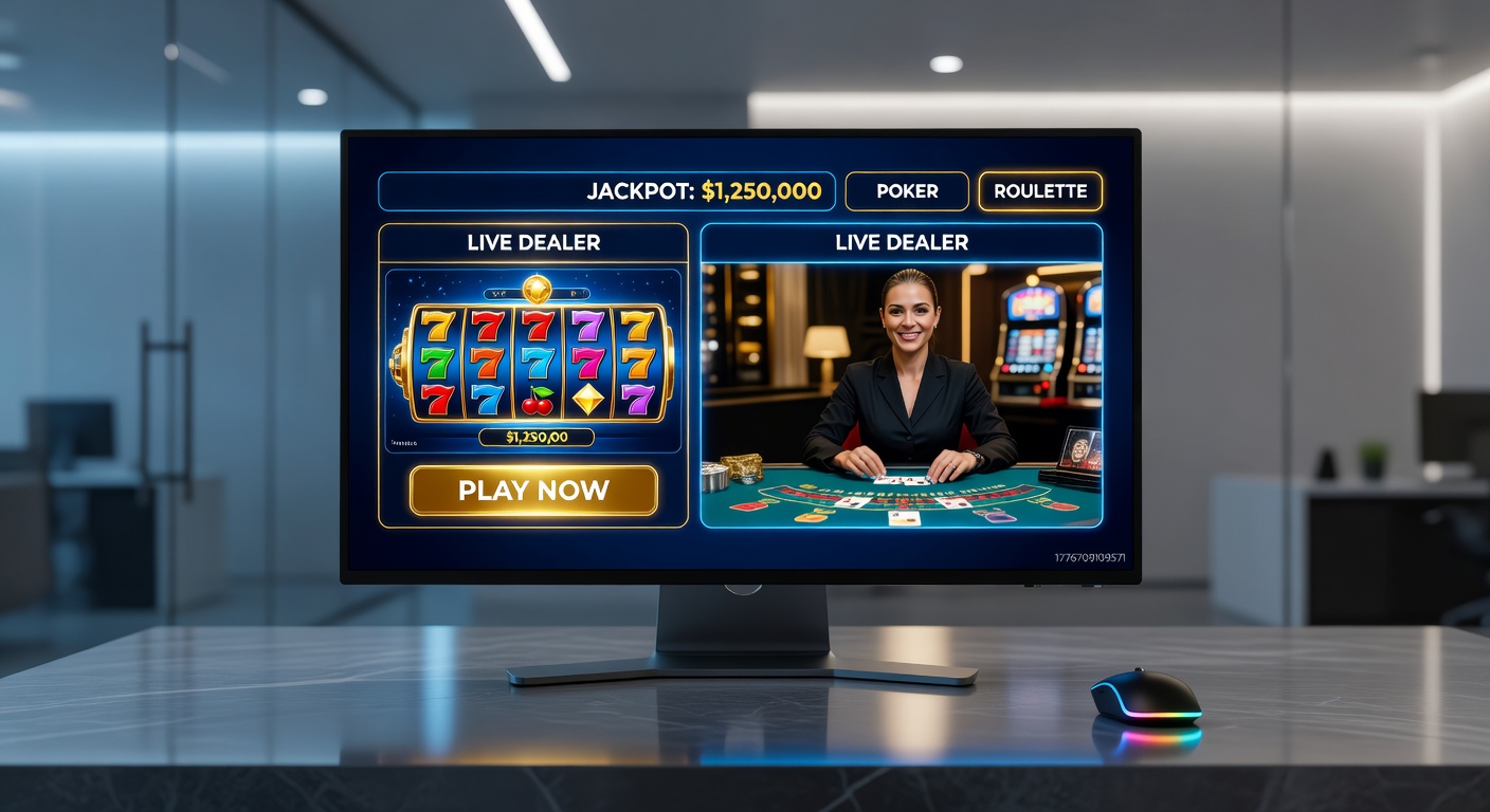Vibrant digital interface of an online casino platform displaying slots, tables, and live streams on a modern device