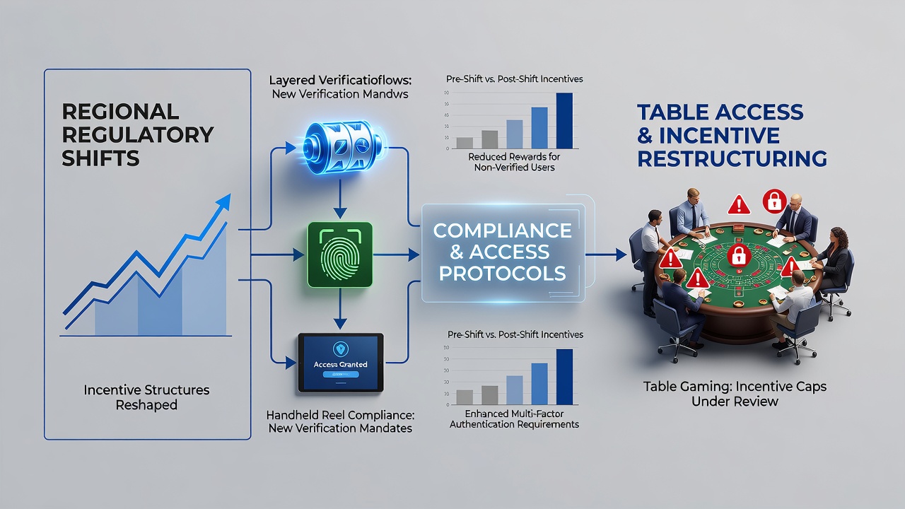 Regulatory documents and mobile device screens showing verification layers for online gaming access