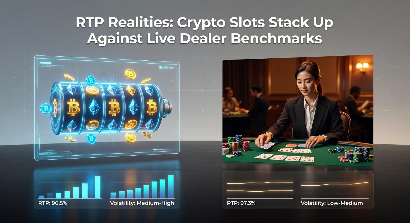 Digital slot reels glowing with crypto symbols next to a live dealer blackjack table, highlighting RTP comparisons