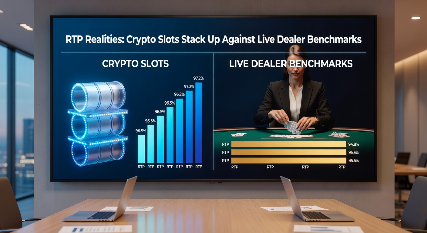 Live dealer roulette wheel spinning under studio lights, contrasted with crypto slot paytable, symbolizing benchmark showdowns