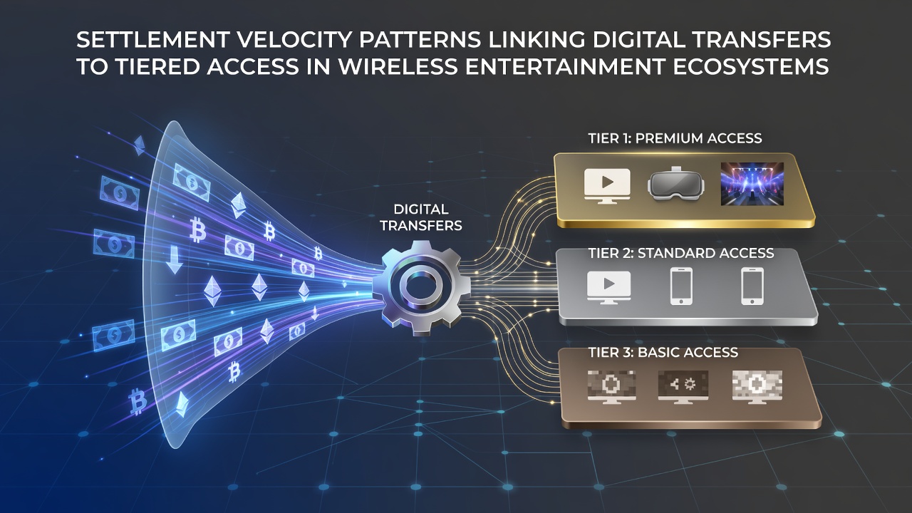 Digital transfer settlement patterns visualized across wireless entertainment networks showing velocity metrics and tiered access levels