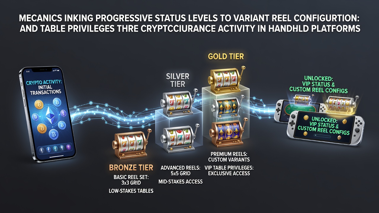 Mobile casino interface showing progressive VIP status tiers connected to customized slot reel setups and exclusive live dealer table options via cryptocurrency transactions