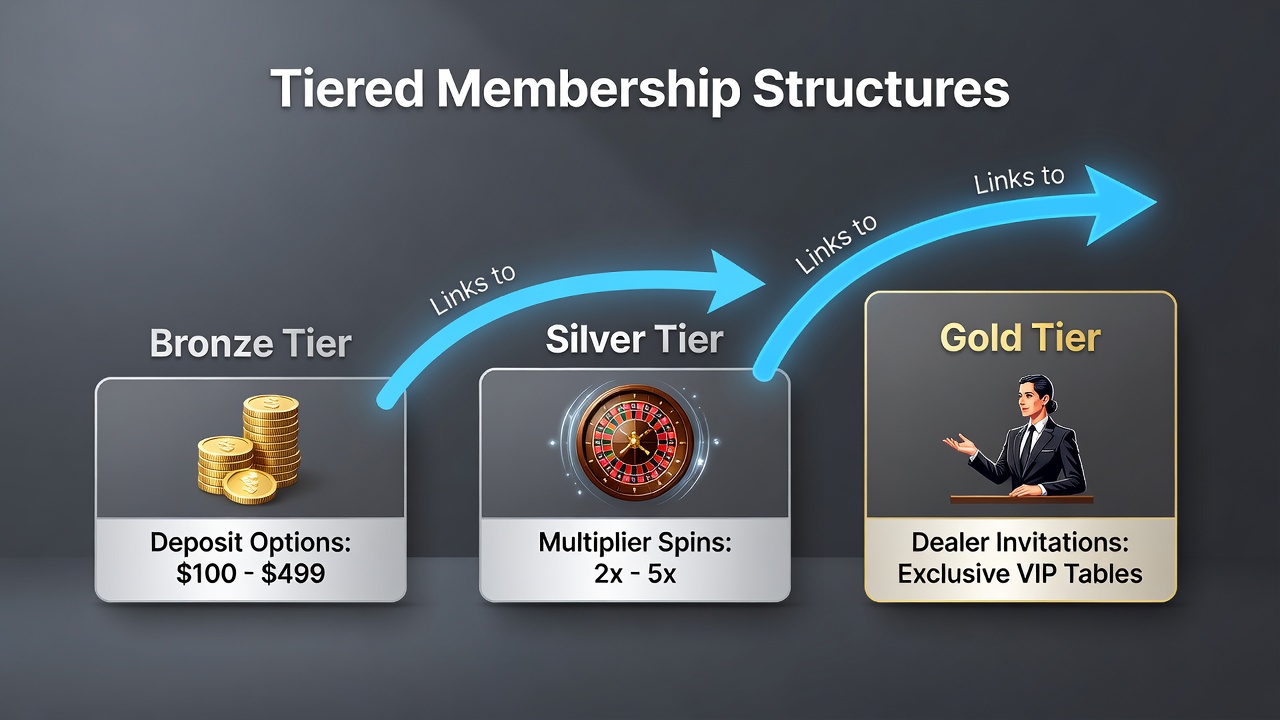 Illustration of live dealer table with tiered membership cards granting exclusive access