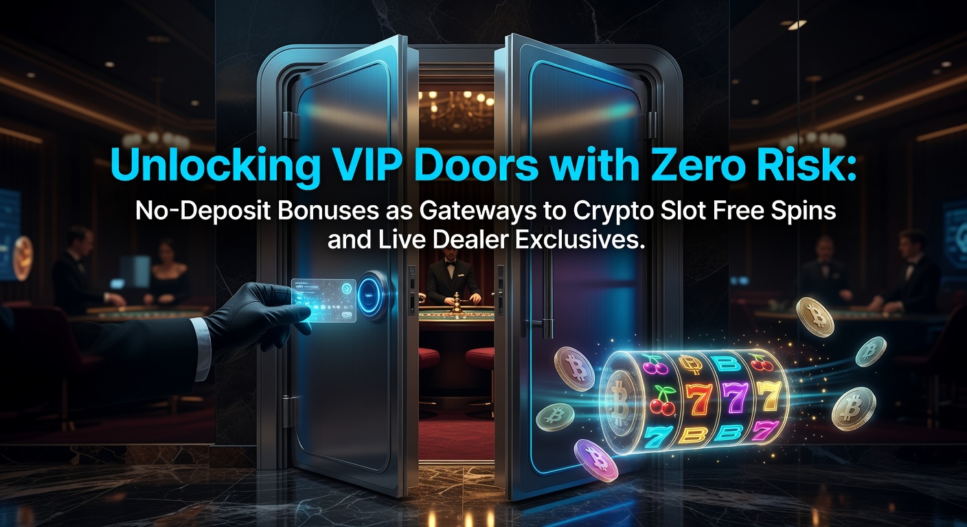 Glowing VIP door unlocking with crypto coins and slot reels spilling free spins in a luxurious casino hallway